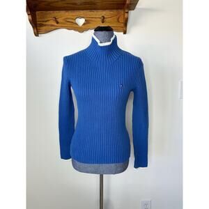 Tommy Hilfiger Vintage Y2K Blue Cotton Ribbed Funnel Neck Sweater Size Small